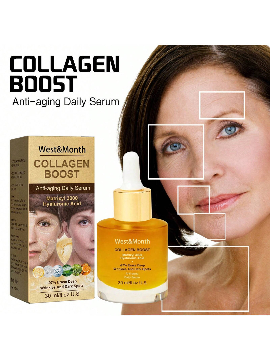West & Month Collagen Essence for Wrinkle & Spot Reduction 30ml, Collagen Facial Essence for Wrinkle Reduction